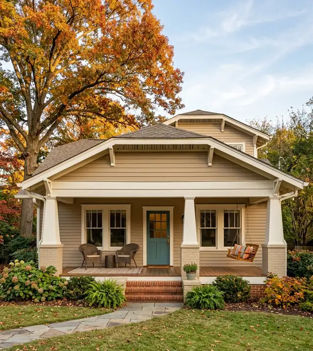 Front of a tan Atlanta craftsman bungalow with a wide front porch, porch swing and an autumn oak tree